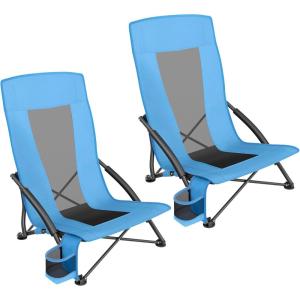 imageSONGMICS Set of 2 Portable Beach Chairs for Adults Max Load 330 lb Each High Backrest Cup Holder Lightweight HeavyDuty Black UGCB067B01V1Light Blue
