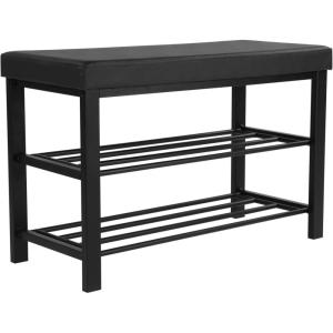 imageSONGMICS Shoe Bench 3Tier Shoe Rack for Entryway Storage Organizer with Foam Padded Seat Faux Leather Metal Frame for Living Room Hallway 122 x 319 x 193 Inches Black ULBS58HBlack