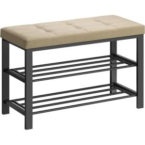 imageSONGMICS Shoe Bench Storage Bench Entryway Bench with Cushion Shoe Shelf with Seat SpaceSaving Modern Style for Living Room Bedroom Hallway Dark Gray and Ink Black ULBS57GYZCamel Brown  Ink Black