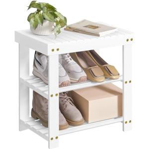 imageSONGMICS Shoe Rack Bench 3Tier Bamboo Shoe Storage Organizer Entryway Bench Holds Up to 286 lb 113 x 276 x 178 Inches for Entryway Bathroom Bedroom Natural ULBS04NCloud White