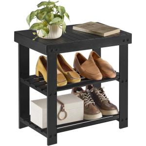 imageSONGMICS Shoe Rack Bench 3Tier Bamboo Shoe Storage Organizer Entryway Bench Holds Up to 286 lb 113 x 276 x 178 Inches for Entryway Bathroom Bedroom Natural ULBS04NInk Black