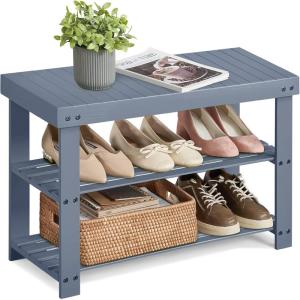 imageSONGMICS Shoe Rack Bench 3Tier Bamboo Shoe Storage Organizer Entryway Bench Holds Up to 286 lb 113 x 276 x 178 Inches for Entryway Bathroom Bedroom Natural ULBS04NGrey