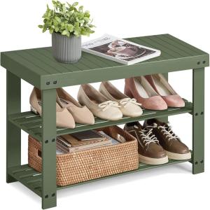imageSONGMICS Shoe Rack Bench 3Tier Bamboo Shoe Storage Organizer Entryway Bench Holds Up to 286 lb 113 x 276 x 178 Inches for Entryway Bathroom Bedroom Natural ULBS04NForest Green