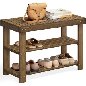 imageSONGMICS Shoe Rack Bench 3Tier Bamboo Shoe Storage Organizer Entryway Bench Holds Up to 286 lb 113 x 276 x 178 Inches for Entryway Bathroom Bedroom Natural ULBS04NYellow Brown
