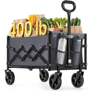 imageSONGMICS Small Collapsible Wagon with 400 lb Dynamic Weight Capacity Foldable Wagon Cart Folding Camp Cart with Wheels for Outdoor Yard 90 L Ink Black UGFW909B01Slate Gray