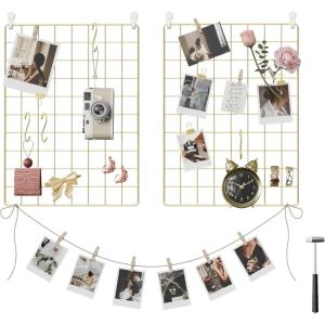 imageSONGMICS Wall Grid for Photo Metal Wall Grid Panel DIY Wire Photo Hanging Display Set of 2 with S Hook Clip Hemp Cord 165 x 122 Inches Rose Gold ULPP01DRGolden