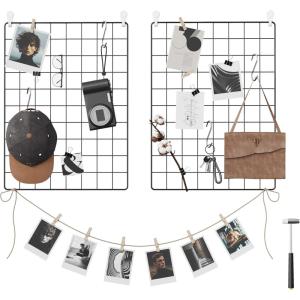 imageSONGMICS Wall Grid for Photo Metal Wall Grid Panel DIY Wire Photo Hanging Display Set of 2 with S Hook Clip Hemp Cord 165 x 122 Inches Rose Gold ULPP01DRBlack