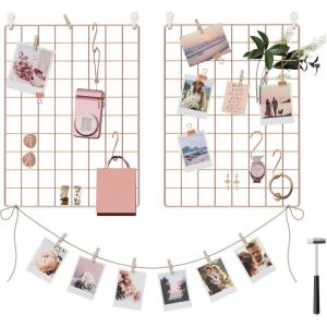 imageSONGMICS Wall Grid for Photo Metal Wall Grid Panel DIY Wire Photo Hanging Display Set of 2 with S Hook Clip Hemp Cord 165 x 122 Inches Rose Gold ULPP01DRRose Gold