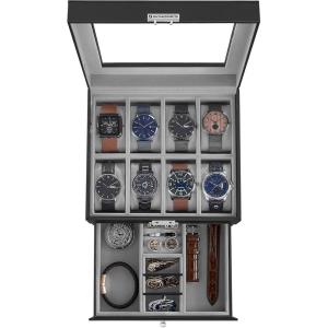 imageSONGMICS Watch Box 12Slot Watch Case Organizer with Large Glass Lid 2 Layers Removable Pillows Metal Lock Gift for Loved Ones Brown Synthetic Leather Brown Lining UJWB012K01Black  Greenish Gray