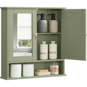 imageVASAGLE Bathroom Cabinet with Mirror Wall Cabinet with 2 Mirrored Doors Adjustable Shelf Open Compartment WallMounted 51 x 222 x 23 Inches Sage Green ULHC002C02Sage Green