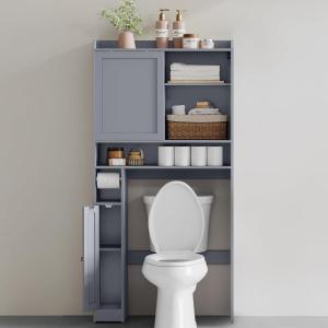 imageVASAGLE Over The Toilet Storage Shelf Bathroom Storage Cabinet with Sliding Door Adjustable Shelves Toilet Paper Holder SpaceSaving Modern 98 x 327 x 669 Inches Dove Gray UBTS018G01Dove Gray