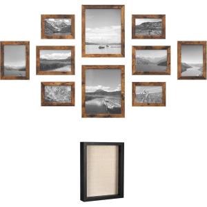 imageSONGMICS Picture Frames Bundle Set of 10 Collage Picture Frames with 8 x 10 Shadow Box Display Case Rustic Brown and Black URPF010X01 and URPF007B01