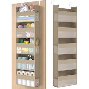 imageSONGMICS Over The Door Organizer Hanging Door Organizer with 5 Large Pockets 5Tier Fabric Storage Transparent Nylon Mesh Foldable Metal Hooks with Side Pouches Cloud White URDH007W01Summer Sand