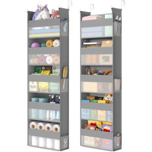 imageSONGMICS Over The Door Organizer Hanging Door Organizer with 5 Large Pockets 5Tier Fabric Storage Transparent Nylon Mesh Foldable Metal Hooks with Side Pouches Cloud White URDH007W01Dove Gray