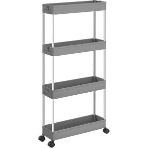 imageSONGMICS Slim Storage Cart 4Tier Rolling Cart Narrow Utility Cart on Wheels 6 Hooks 360 Swivel Wheels Lockable Steel Frame Bathroom Kitchen Office Dove Gray UKSC008G01Dove Gray