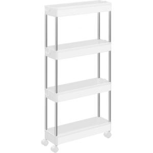 imageSONGMICS Slim Storage Cart 4Tier Rolling Cart Narrow Utility Cart on Wheels 6 Hooks 360 Swivel Wheels Lockable Steel Frame Bathroom Kitchen Office Dove Gray UKSC008G01Cloud White