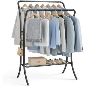 imageSONGMICS Clothes Rack Clothing Rack with Shelves Garment Racks Heavy Duty Double Rod Clothes Rack with 6 Hooks Clothes Storage and Display for Living Room Bedroom Ink Black UHSR109B01Black