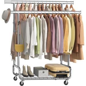 imageSONGMICS Clothes Rack HeavyDuty Rolling Clothing Garment Rack with Wheels Extendable Hanging Rod and Adjustable Height Portable with Shelf and Hooks Silver UHSR014E01Silver