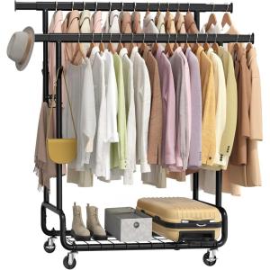 imageSONGMICS Clothes Rack HeavyDuty Rolling Clothing Garment Rack with Wheels Extendable Hanging Rod and Adjustable Height Portable with Shelf and Hooks Silver UHSR014E01Ink Black
