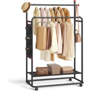 imageSONGMICS HOME Clothes Rack Clothing Rack on Wheels Portable Garment Rack with 1 Clothes Hanging Rail MatchstickShaped Hooks Ink Black UHSR170B01Double Rod