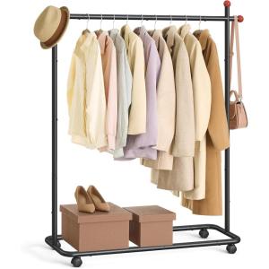 imageSONGMICS HOME Clothes Rack Clothing Rack on Wheels Portable Garment Rack with 1 Clothes Hanging Rail MatchstickShaped Hooks Ink Black UHSR170B01Single Rod