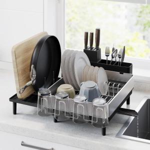 imageSONGMICS Large Dish Drying Rack Expandable Dish Dryer for Kitchen Counter Stainless Steel Dish Rack with Rotatable Spout Utensil Cup Glass Cutting Board Pan Holders Silver and Gray UKCS037G01Silver  Black