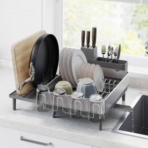 imageSONGMICS Large Dish Drying Rack Expandable Dish Dryer for Kitchen Counter Stainless Steel Dish Rack with Rotatable Spout Utensil Cup Glass Cutting Board Pan Holders Silver and Gray UKCS037G01Silver  Gray