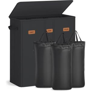 imageSONGMICS 422 Gallon 160 L Laundry Hamper 3Compartment Laundry Basket Sorter with Lid Labels Removable Liner Bags for Bedroom Dark Gray URLH013G01Ink Black