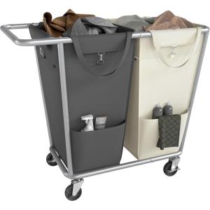 imageSONGMICS Laundry Basket with Wheels 343 Gallons 130 L Rolling Laundry Hamper with Removable Bag HeavyDuty Steel Frame Ink Black URLS008B01Cream White  Dark Gray