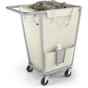 imageSONGMICS Laundry Basket with Wheels 343 Gallons 130 L Rolling Laundry Hamper with Removable Bag HeavyDuty Steel Frame Ink Black URLS008B01Cream White