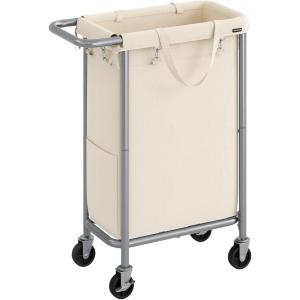 imageSONGMICS Laundry Basket with Wheels Rolling Laundry Hamper 475 Gallons 180 L Removable Liner Steel Frame with Handle 315 x 154 x 319 Inches Cream White URLS011W01White