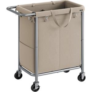 imageSONGMICS Laundry Basket with Wheels Rolling Laundry Hamper 475 Gallons 180 L Removable Liner Steel Frame with Handle 315 x 154 x 319 Inches Cream White URLS011W01Camel Brown
