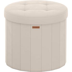 imageSONGMICS Mazie Collection  Round Storage Ottoman Folding Footrest Stool with Removable Lid Easy Assembly Velvet Vanity Stool for Bedroom Living Room Entryway Jelly Pink ULSF608R01Cappuccino Beige