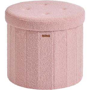 imageSONGMICS Mazie Collection  Round Storage Ottoman Folding Footrest Stool with Removable Lid Easy Assembly Velvet Vanity Stool for Bedroom Living Room Entryway Jelly Pink ULSF608R01Jelly Pink