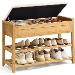 imageSONGMICS Storage Bench Bamboo Shoe Rack Entryway Furniture 394 Inches Wide Hidden Storage Compartments 2Tier Shoe Shelves for Entryway Living Room Bedroom Dorm Ink Black ULSB059B01Natural Beige