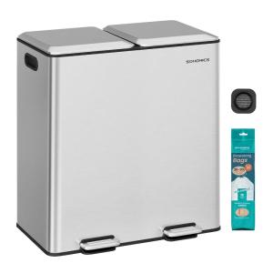 imageSONGMICS Trash Can 2 x 8 Gallon 2 x 30 L Double Garbage Can with SoftClose Lids Removable Inner Buckets Pedals Stainless Steel for Waste and Recycling Ink Black ULTB743B01Metallic Silver