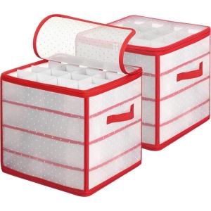 imageSONGMICS Plastic Christmas Ornament Storage Boxes 2 Pack Christmas Ball Organizers Hold 128 Balls up to 3Inch Removable Dividers Cherry Red URFB029T02Cherry Red