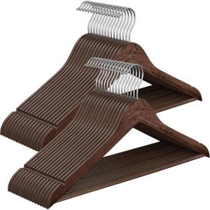 imageSONGMICS Wooden Hangers Pack of 30 Coat Hangers Pants Bar 360 Swivel Hooks Solid Birch Wood Space Saving for Jackets Shirts Coats Natural Beige UCRW030K01Walnut Brown