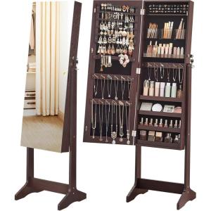 imageSONGMICS Jewelry Cabinet Armoire Freestanding Lockable Storage Organizer Unit with 2 Plastic Cosmetic Storage FullLength Frameless Mirror for Necklace Earring Christmas Gifts White UJJC002W01Brown