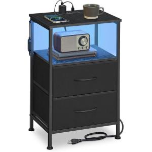 imageSONGMICS BELLAH Collection  Nightstand with Charging Station and AppControlled Adjustable LED Lights Bed Side Table 2 Drawer and 1 Open Shelf Bedroom Cloud White and Snow White ULGS302WH01SInk Black  Ebony Black