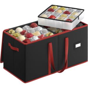 imageSONGMICS Christmas Ornament Storage Boxes Set of 2 Dual Zippers Stackable Christmas Storage Containers with Lid 16 Trays 600D Oxford 3Inch 256 Slots Cherry Red URFB043R01Ink Black