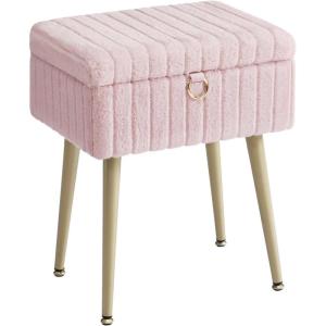 imageSONGMICS Vanity Stool Chair with Storage Makeup Stool Footrest Footstool Ottoman Metal Legs Adjustable Feet for Living Room Bedroom Makeup Room Cappuccino Beige ULOM505LZ02Jelly Pink