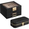 imageSONGMICS 3Tier Jewelry Organizer with Glass Lid and Rectangular Travel Jewelry Box Bundle with Drawers Mirror PU Modern Gift Idea Graphite Black and Ink Black UJBC239B03 and UJBC180B01
