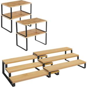imageSONGMICS 4 Bamboo Shelf Organizers and 2 Spice Racks Bundle 2 Sets of Cabinet Organizers for Kitchen Organization Natural and Black UKCS10NB and UKCS016N01