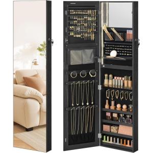 imageSONGMICS 55 Inches Tall Spacious Jewelry Cabinet Jewelry Armoire with LightUp Interior Mirror Wall or Door Mounted Jewelry Storage Organizer Lockable Gift Idea Black UJJC032BZ01Black