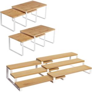 imageSONGMICS 6Piece Spice Racks Bundle 4Pack Spice Shelves 2Pack 3Tier Spice Organizers for Kitchen Cabinet Pantry Countertop Bamboo with Metal Frame Natural and White UKCS010N01 and UKCS016N02