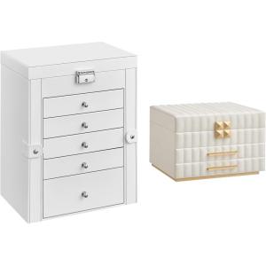 imageSONGMICS 6Tier Jewelry Organizer and 3Tier Jewelry Box Bundle Large Storage Capacity with Drawers and Mirror PU Surface with Stitching Gift Cloud White UJBC152W01 and UJBC183W01
