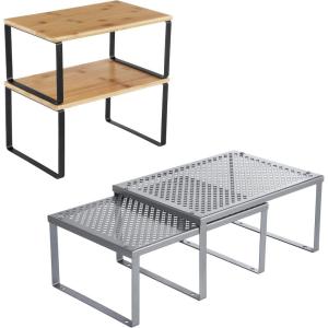 imageSONGMICS Bamboo Shelf Organizers and Metal Shelf Organizers Bundle Stackable Expandable Kitchen Shelves Black and Natural and Silver UKCS02NB and UKCS01SV