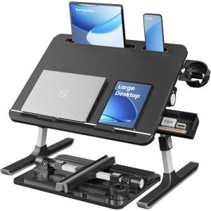 imageSONGMICS Bed Laptop Desk Foldable Bed Desk for Laptop 157 x 22 Inches Large Desktop 120 Stepless Tilt Adjustable Height Cup Holder Tray Portable Bed Sofa Table Ink Black ULLD113BC01Ink Black