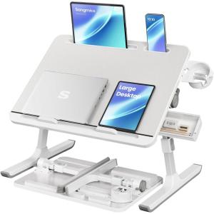 imageSONGMICS Bed Laptop Desk Foldable Bed Desk for Laptop 157 x 22 Inches Large Desktop 120 Stepless Tilt Adjustable Height Cup Holder Tray Portable Bed Sofa Table Ink Black ULLD113BC01Gray